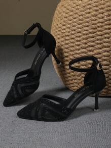 Hollow Point Toe Stiletto High Heel Pumps With Ankle Strap For Women - Black - View 2