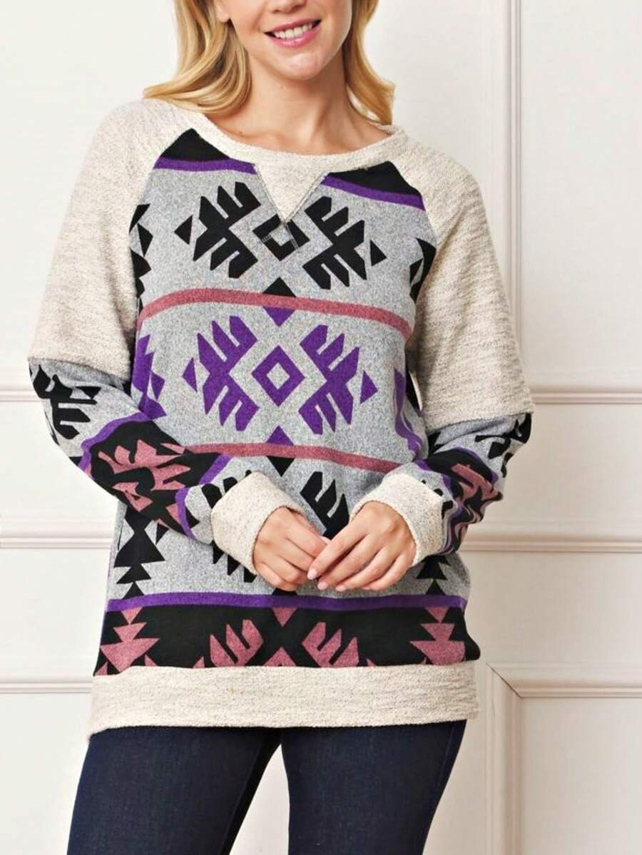 Boho Retro 90's Vintage  Checkered Solid Tie Dye V Stich Pink Mustard Blue Brown Raglan Drop Shoulder Knit Top  Cool Tunic Sweatshirt Pullover - 紫色 - 查看 1