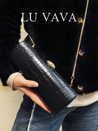 Eine lange Baguette Tasche für Herbst und Winter, Clutch Tasche aus PU-Material mit Krokodilmuster, schwarz, mit stabilem und vielseitigem Atmosphäre. Eine Abendtasche mit Krokodilmuster, verziert mit Goldbeschlägen. Geeignet für den täglichen Gebrauch von Frauen, Einkaufen, Dates, Dinnerpartys und Hochzeitsfeierlichkeiten.