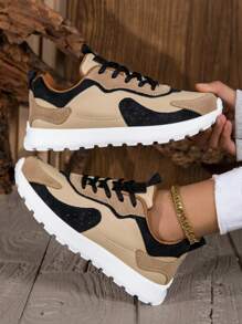 Women's Colorblock Casual Sports Sneakers, Lace-Up Soft Sole Thick Bottom Casual Shoes, Low-Top Comfortable Walking Shoes
