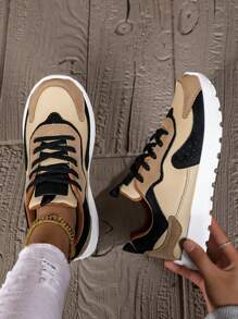 Women's Colorblock Casual Sports Sneakers, Lace-Up Soft Sole Thick Bottom Casual Shoes, Low-Top Comfortable Walking Shoes