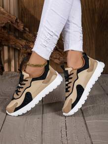 Women's Colorblock Casual Sports Sneakers, Lace-Up Soft Sole Thick Bottom Casual Shoes, Low-Top Comfortable Walking Shoes