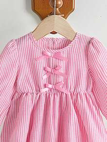 Vestido con mangas farol a rayas rosa de primavera y otoño con lazo y decoración floral, adecuado para el uso diario y fiestas - Rosa - Ver 3