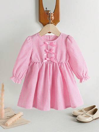Spring & Autumn Pink Striped Lantern Sleeve Dress With Bow & Floral Decor, Suitable For Daily Wear And Party