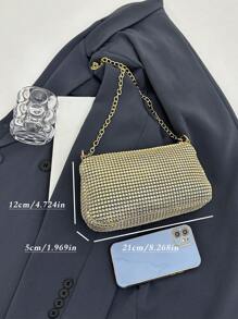 1pc Rhinestone Decor Minimalist Zippered Clutch Bag, Suitable For Women Party, Glamorous Rhinestone Bag, Elegant Prom Bag, Perfectly Matching With Bridal Party - Gold - View 2