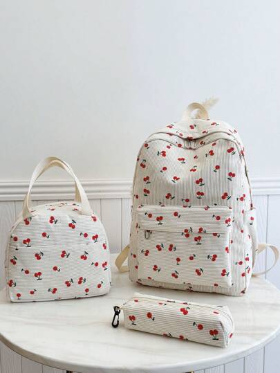 3 PiecesBack To School Backpack - Fashionable Large Capacity Backpack & Lunch Bag & Pencil Case, With Laptop Compartment, Cherry Backpack With Adjustable Shoulder Strap And Large Capacity Multi-Pocket, Lightweight Portable Zipper Bag, Suitable For Women/Girls/StudentsTeenagers/Graduates, Outdoor/Travel/Middle School//University Use