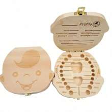 1pc Baby Tooth Box Spanish/Dutch/French/German Wooden Kids Milk Teeth Organizer Storage Boys Girls Baby Souvenirs Gifts Keepsakes - Beige - View 4