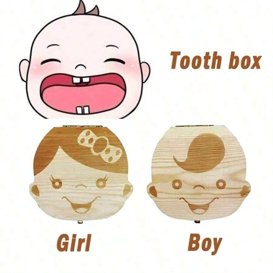 1pc Baby Tooth Box Spanish/Dutch/French/German Wooden Kids Milk Teeth Organizer Storage Boys Girls Baby Souvenirs Gifts Keepsakes - Beige - View 1