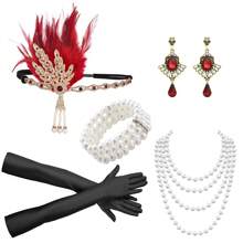 7pcs/Set 1920s Women's Wedding Party Makeup Dancing Ball Red Headpiece Earrings Pearl Bracelet Long Pearl Necklace Hairband Vintage Sexy Luxurious 5Pcs Set Holiday Party Outfit Prom - A - View 7