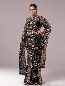 seomiscky Women Plus Size Elegant Contrast Sequin Bodycon Formal Evening Dress, Party Dress, Wedding Guest Dress,Gown - Gold - View 2