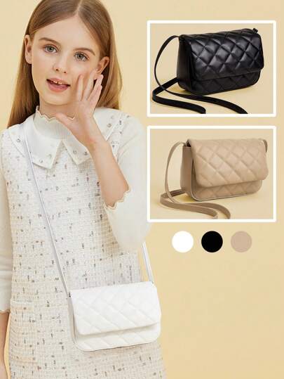 1pc Girl's Diamond Quilted Square Flap Shoulder Crossbody Bag, Suitable For Daily, Party, Outing, Birthday Gift