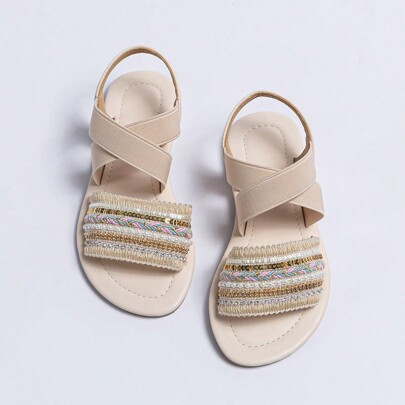 Girls Faux Pearl & Contrast Sequin Decor Flat Sandals