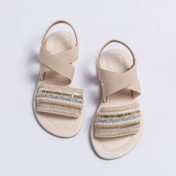 صندل مسطح مزين بلؤلؤ صناعي وترتر متباين بنات