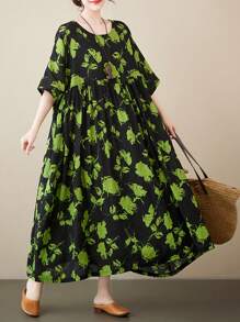 2025款绿色碎花连衣裙，大码女士休闲连衣裙，夏季圆领全碎花透气度假连衣裙，沙滩度假装，波西米亚风优雅连衣裙 - 綠色 - 查看 8