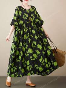 Top, 2025 Green Flower Dress, Daily Ladies Plus-Size Dress, Summer Crew-Neck Sleeved Full Print Breathable Holiday Casual Dress, Holiday Beach Wear, Bohemian Elegant Dress
