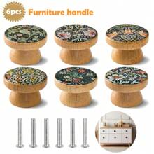 6Pcs Creative Handmade Beech Wood Engraved Beautiful Flower And Grass Art Pattern Bowl Shaped Furniture Handles With Screws Dresser Knob Kitchen Cabinet Pulls Wooden Single Hole Drawer Knobs