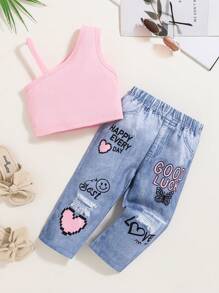 春夏女宝宝粉色罗纹吊带背心+裤子套装，适合休闲户外穿着