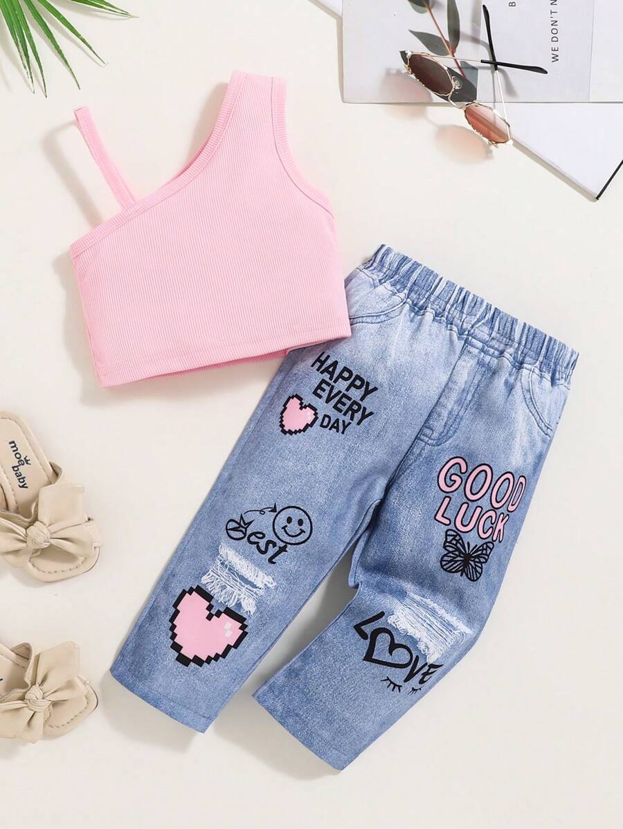 春夏女宝宝粉色罗纹吊带背心+裤子套装，适合休闲户外穿着