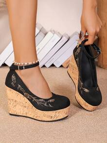 Mocassini con zeppa e design elastico a incrocio per donna, scarpe con punta tonda, suola spessa e piattaforma, moda, confortevoli, impermeabili, con altezza tacco di +10cm - nero - Visualizzare 4