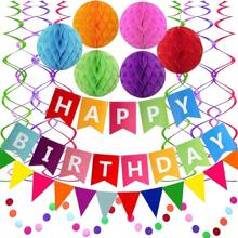 1 Set Happy Birthday Banner Met Kleurrijke Papieren Vlaggen Wimpel Papieren Cirkels Confetti Garland Swirl Streamers Honingraat Ballen Voor Verjaardagsfeestje Vakantie Feestdecoraties Woondecoratie