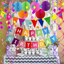 1 Set Happy Birthday Banner Met Kleurrijke Papieren Vlaggen Wimpel Papieren Cirkels Confetti Garland Swirl Streamers Honingraat Ballen Voor Verjaardagsfeestje Vakantie Feestdecoraties Woondecoratie