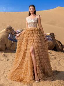 Faeriesty Haute Glamour Gorgeous Off Shoulder Cascading Ruffle Hem Formal Prom Dress - Khaki - View 7