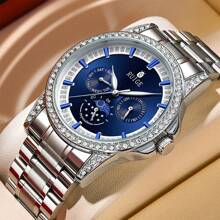 RUIGE 男士休闲石英表，不锈钢表带，星期、日期、月亮和星星多功能计时手表，男士礼物