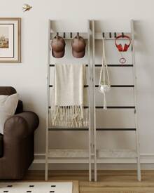 HaluPeit Blanket Ladder Shelf For Living Room, Decorative Wood Quilt Rack With 4 Removable Hooks, Farmhouse Ladder Holder Organizer For Bedroom, Bathroom, Room Decor,Cozy Bedroom,, 6-Tier,Greige - Grey - View 2