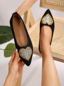 1 Paio di Scarpe Slip-On Piatte, Leggere e Confortevoli per Passeggiate all'Aperto, con Decorazione a Cuore Dorato, Comode e alla Moda - nero - Visualizzare 4