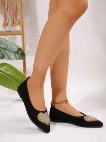 1 Paio di Scarpe Slip-On Piatte, Leggere e Confortevoli per Passeggiate all'Aperto, con Decorazione a Cuore Dorato, Comode e alla Moda - nero - Visualizzare 5