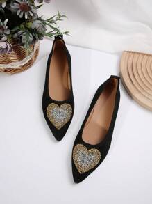 1 Paio di Scarpe Slip-On Piatte, Leggere e Confortevoli per Passeggiate all'Aperto, con Decorazione a Cuore Dorato, Comode e alla Moda - nero - Visualizzare 3