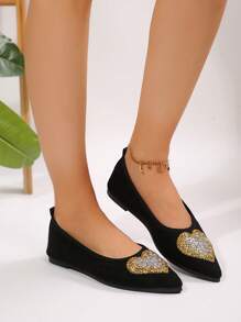 1 Paio di Scarpe Slip-On Piatte, Leggere e Confortevoli per Passeggiate all'Aperto, con Decorazione a Cuore Dorato, Comode e alla Moda - nero - Visualizzare 6