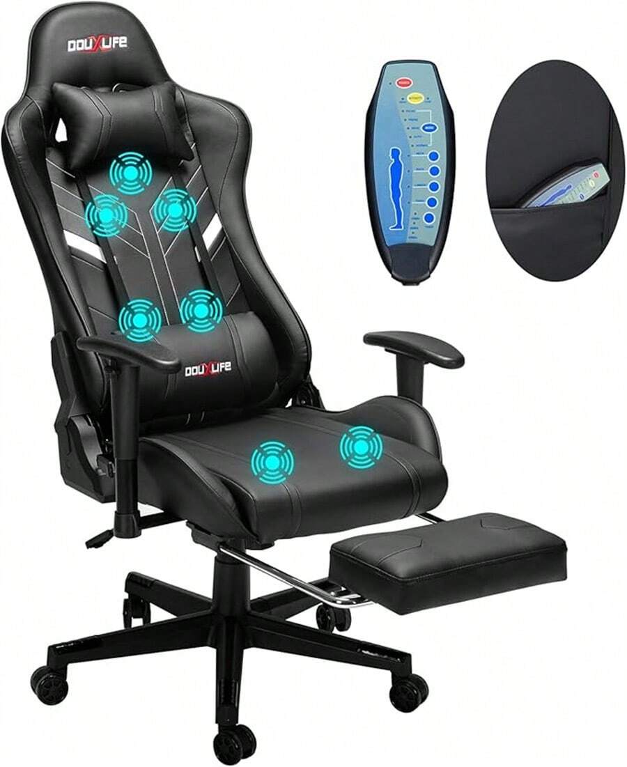 7-Point Massage Gaming Chair, 175° Gaming Recliner With Footrest Ergonomic Computer Gaming Office Chair High Back Video Game Chair With Lumbar Support, Upgraded Version - Black - View 1
