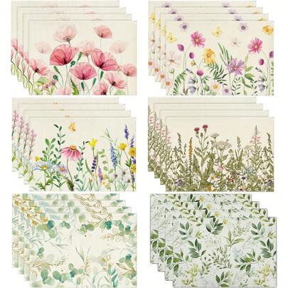 罂粟花叶花蝴蝶雏菊桉树薰衣草花叶春季餐垫 4 件套，鼠尾草绿色春季水彩叶餐桌装饰，季节性夏季桌垫，非常适合派对厨房餐点装饰