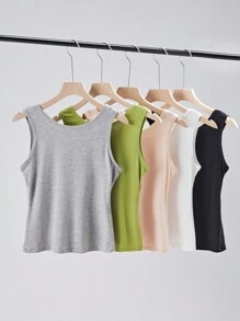 5件套女士莫代尔无袖圆领吊带背心打底背心宽肩带时尚洋气时尚外套休闲背心上衣。 - 彩色 - 查看 2