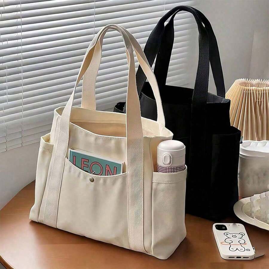 1 Piece Women's Handbag, Single-Shoulder Canvas Bag, College Student Versatile Handbag, Commuting Large-Capacity Make-Up Canvas Bag - Multicolor - View 1