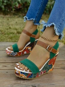 Women's Floral Slope Platform Sandals - Thick Bottom, Open Toe, Comfortable Thick Bottom Sandals With Lovely Floral Print, Suitable For Spring/Summer Beach And Casual Outfits, Casual Shoes | Floral Print Sandals | Rubber Sole Sandals