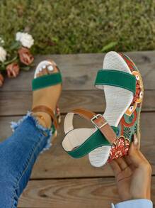 Women's Floral Slope Platform Sandals - Thick Bottom, Open Toe, Comfortable Thick Bottom Sandals With Lovely Floral Print, Suitable For Spring/Summer Beach And Casual Outfits, Casual Shoes | Floral Print Sandals | Rubber Sole Sandals