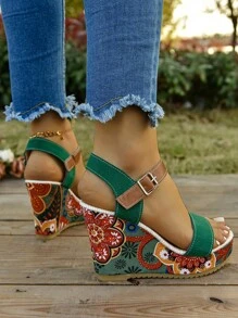 Women's Floral Slope Platform Sandals - Thick Bottom, Open Toe, Comfortable Thick Bottom Sandals With Lovely Floral Print, Suitable For Spring/Summer Beach And Casual Outfits, Casual Shoes | Floral Print Sandals | Rubber Sole Sandals