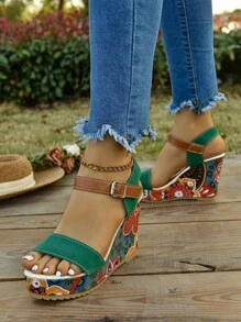 Women's Floral Slope Platform Sandals - Thick Bottom, Open Toe, Comfortable Thick Bottom Sandals With Lovely Floral Print, Suitable For Spring/Summer Beach And Casual Outfits, Casual Shoes | Floral Print Sandals | Rubber Sole Sandals