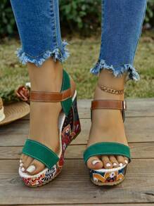 Women's Floral Slope Platform Sandals - Thick Bottom, Open Toe, Comfortable Thick Bottom Sandals With Lovely Floral Print, Suitable For Spring/Summer Beach And Casual Outfits, Casual Shoes | Floral Print Sandals | Rubber Sole Sandals