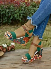 Women's Floral Slope Platform Sandals - Thick Bottom, Open Toe, Comfortable Thick Bottom Sandals With Lovely Floral Print, Suitable For Spring/Summer Beach And Casual Outfits, Casual Shoes | Floral Print Sandals | Rubber Sole Sandals