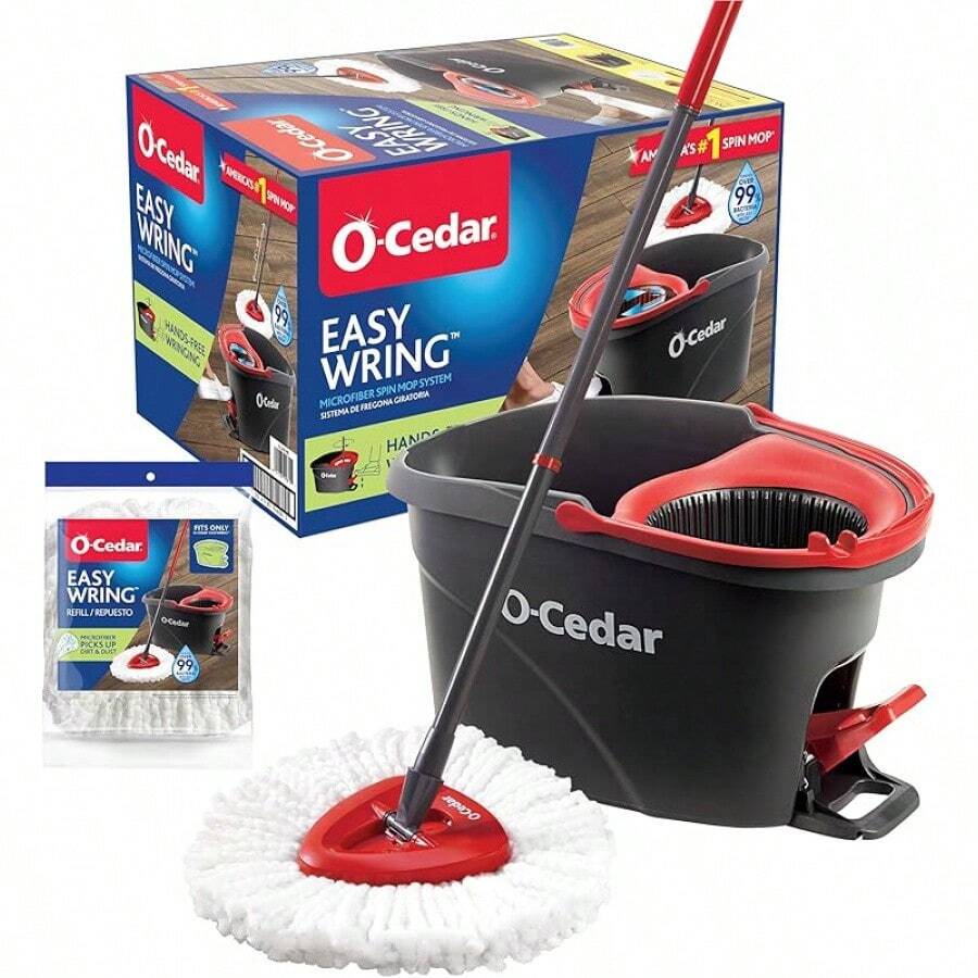 O-Cedar EasyWring Microfiber Spin Mop, Bucket Floor Cleaning System, Red, Gray, Standard - Spin Mop Bucket With 1 Extra Refill - View 1