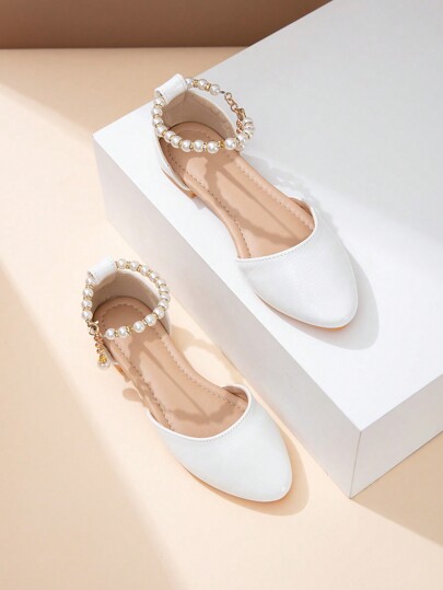 Pantofi plati cu varf ascutit la noua moda de vara, pantofi cu perla moda cu varf ascutit alb, pantofi casual confortabili din piele