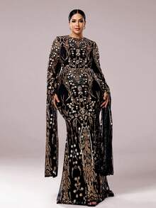 seomiscky Women Plus Size Elegant Contrast Sequin Bodycon Formal Evening Dress, Party Dress, Wedding Guest Dress,Gown - Gold - View 8