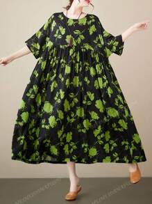 Top, 2025 Green Flower Dress, Daily Ladies Plus-Size Dress, Summer Crew-Neck Sleeved Full Print Breathable Holiday Casual Dress, Holiday Beach Wear, Bohemian Elegant Dress