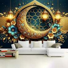 1pc Mubarak Light Elegant Ramadan Happy Crescent And Lantern Background Banner, Multi-Color, Ideal For Eid Al-Fitr, Home And Outdoor Decoration Multi-Functional Polyester Photographic Background Festival Celebrations, Islamic Holy Month, Lantern, Star Photography Background