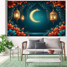 1pc Mubarak Light Elegant Ramadan Happy Crescent And Lantern Background Banner, Multi-Color, Ideal For Eid Al-Fitr, Home And Outdoor Decoration Multi-Functional Polyester Photographic Background Festival Celebrations, Islamic Holy Month, Lantern, Star Photography Background