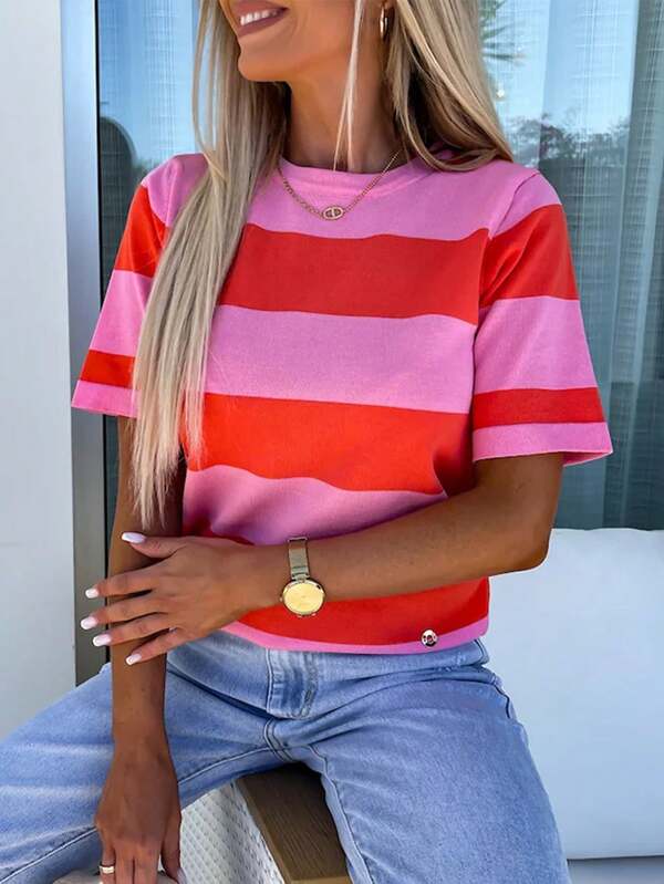 Women's Summer Elegant Bright Pink Colorblock Striped Knitted Round Neck T Shirt
