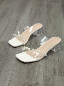 Plus Size Women's Square Toe Ankle Strap Sandals, Chunky Wedge Heel, White Transparent Pearl Decor, Comfortable And Non-Slip For Party, Beach And Home/Outdoor Wear Valentines